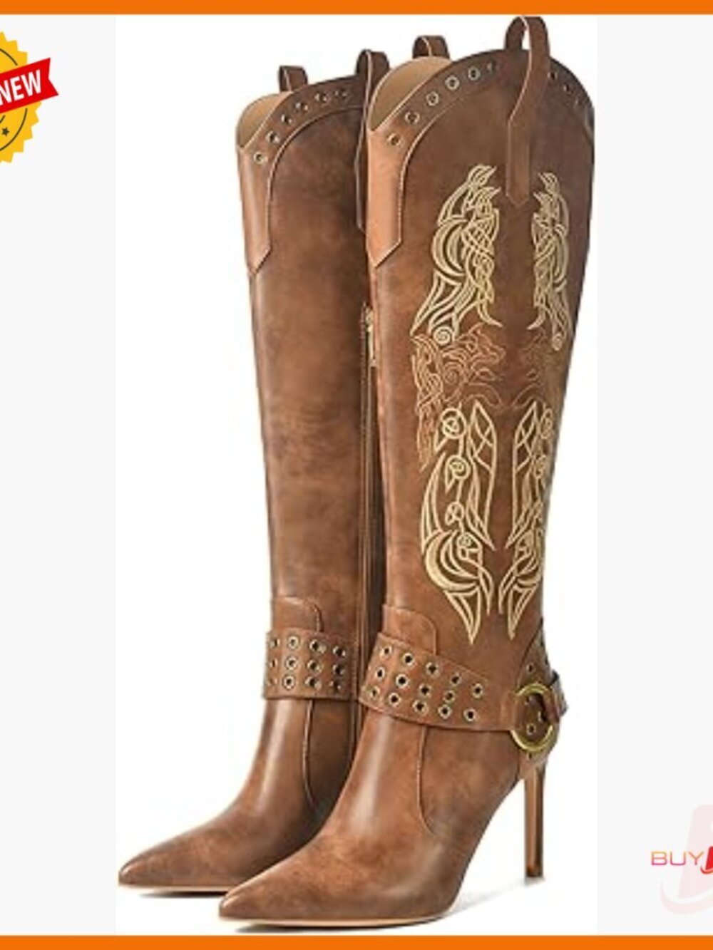 Knee High Western Boots Stiletto Heel Pointed Toe Side Zipper